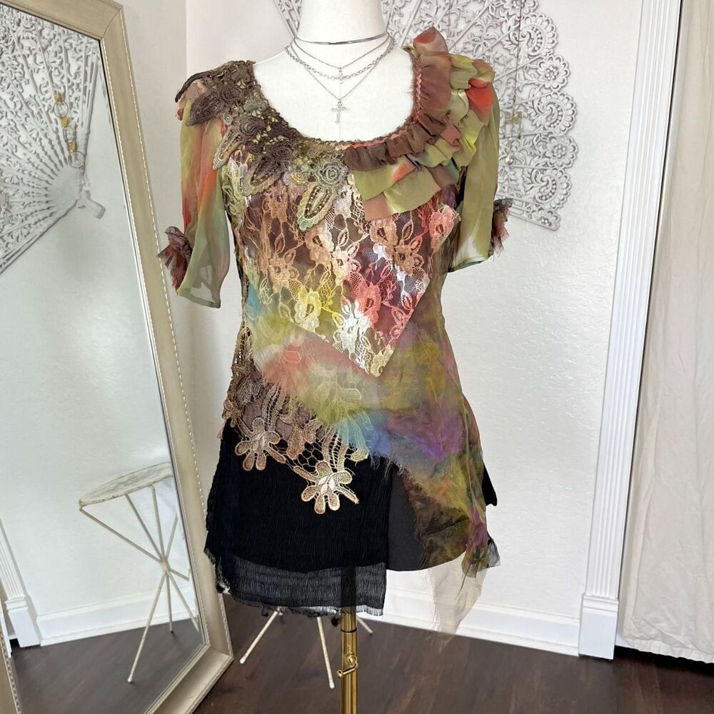 RARE Hong Ni Collection Silk Asymmetric Mesh Floral Lace Crochet Top S